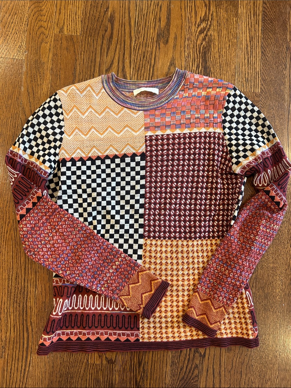 Ulla Johnson Multicolor Patchwork Crewneck Sweater in Red, Black, Cream